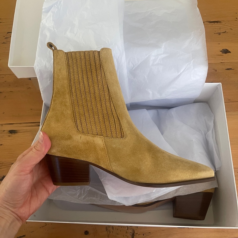 Sandro Tan Suede Chelsea Ankle Boot with Block Heel